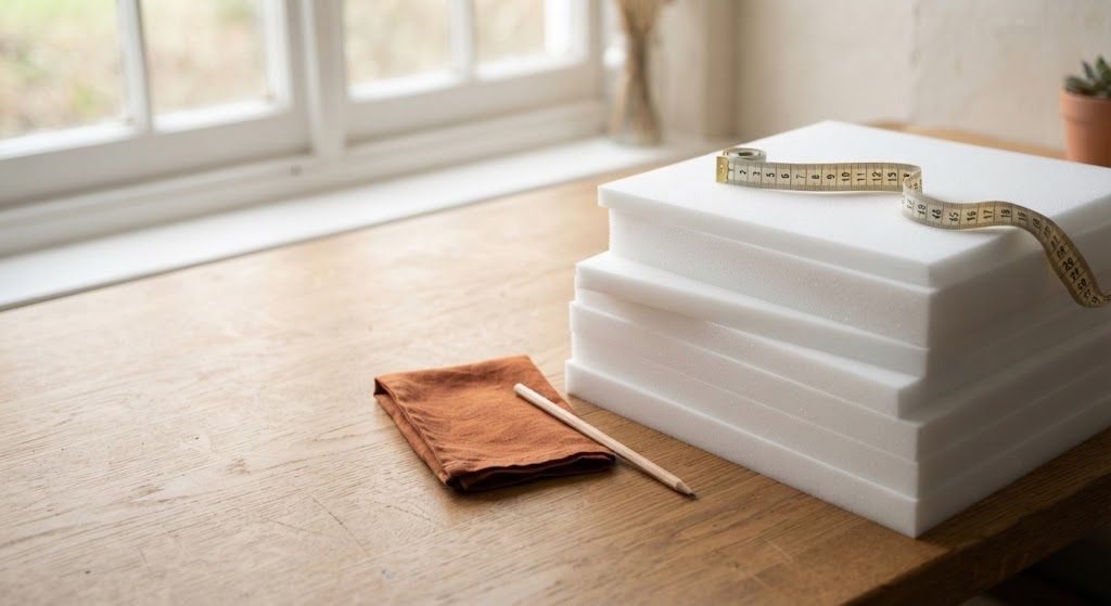 Stack of white foam sheets with a tape measure on an oak table